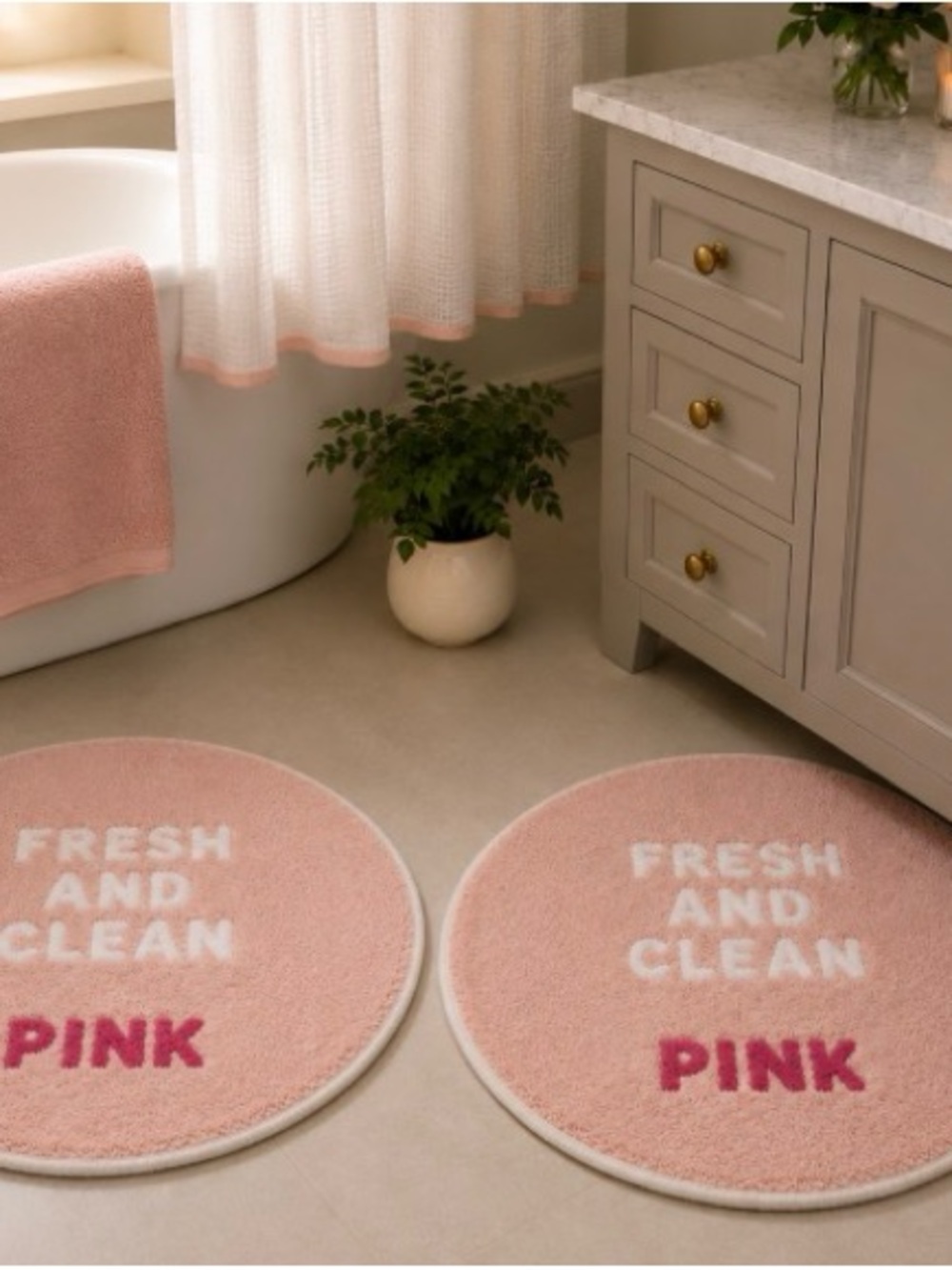 PINK Victoria's Secret Pink and White Round Bath Mats - "Fresh and Clean"